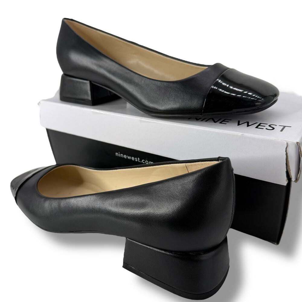 Nine West Black Leather Cap-Toe Low Block Heel Flats - Picture 2 of 11